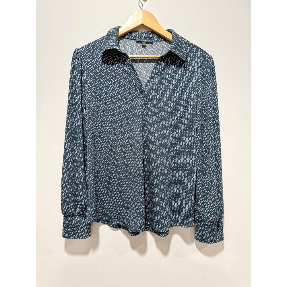 Adrianna Papell Navy Blue Geometric Chain Print V-Neck Blouse Size Medium